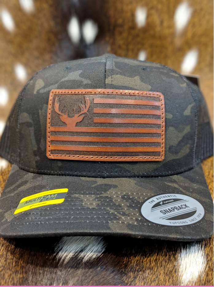American Flag Snapback Camo Fishing Hat - Multicam Black